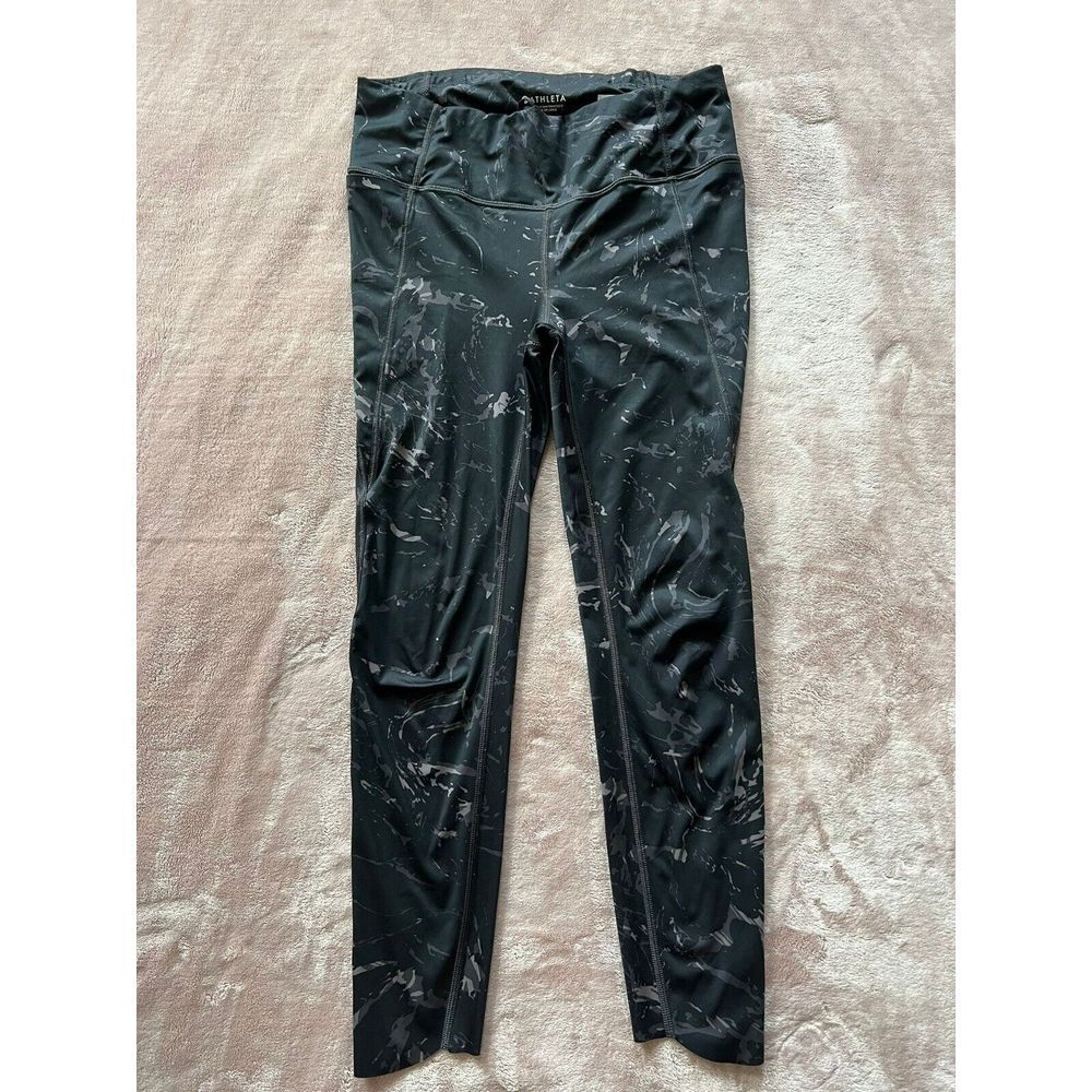 Athleta Pants Size S Athletic Print Ankle Raw Hem Stretch Waist Black Gray